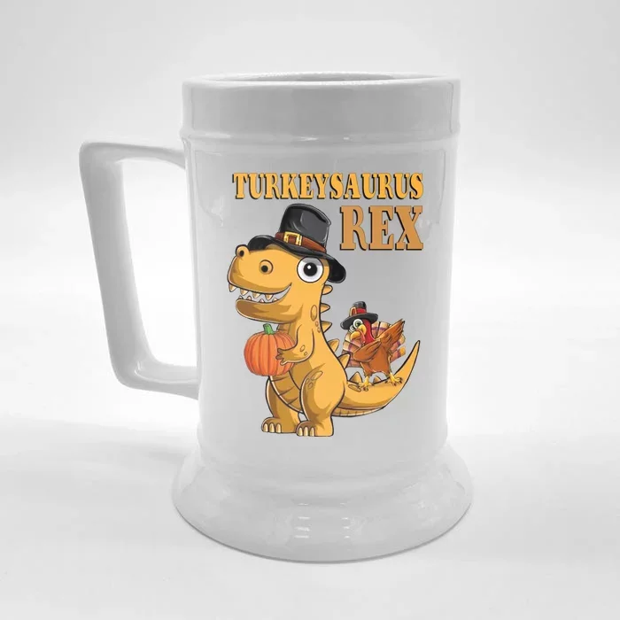 Kids Turkeysaurus Rex Turkey Dino Thanksgiving Front & Back Beer Stein