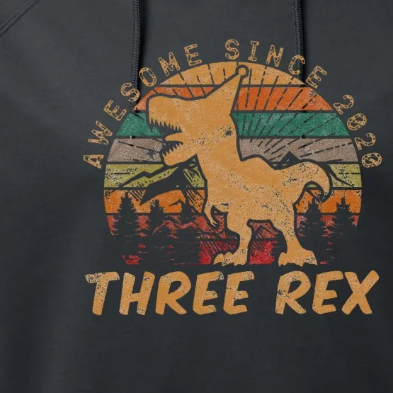 Kids Three Rex 3rd Birthday Gifts Third Dinosaur 3 Year Old Performance Fleece Hoodie