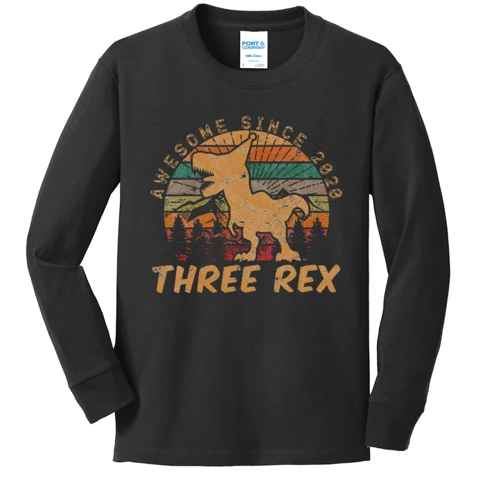 Kids Three Rex 3rd Birthday Gifts Third Dinosaur 3 Year Old Kids Long Sleeve Shirt