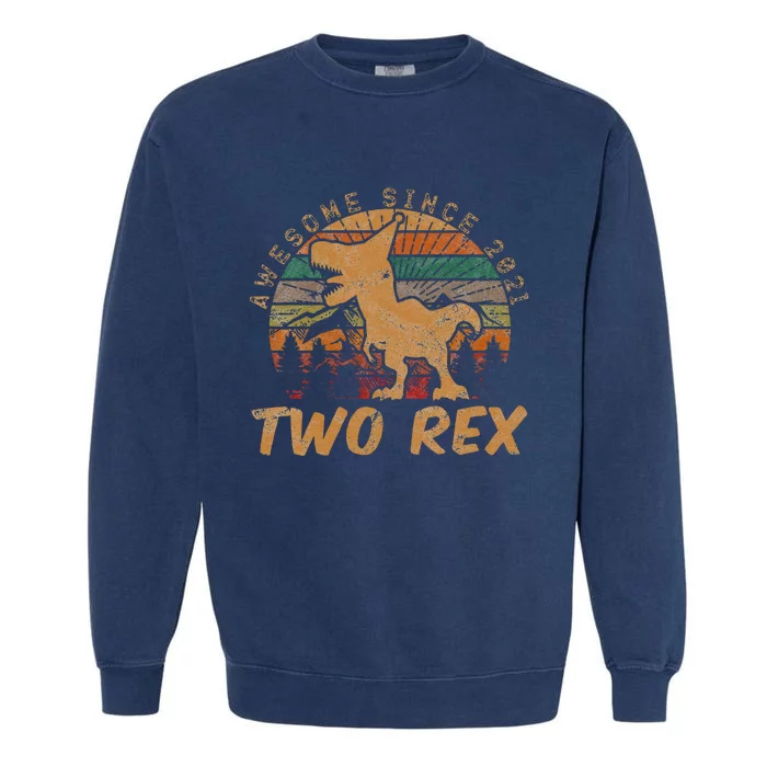 Kids Two Rex 2nd Birthday Gifts Second Dinosaur 2 Year Old Garment-Dyed Sweatshirt