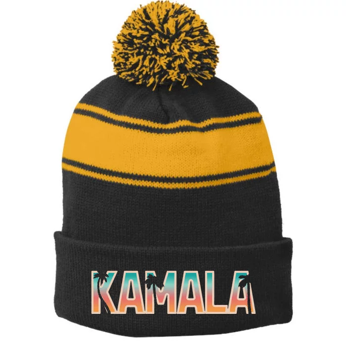 Kamala Tropical Sunset Vibes Design Stripe Pom Pom Beanie