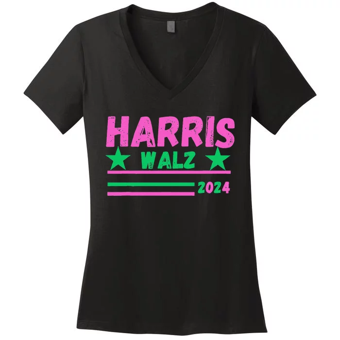 Kamala Tim Walz 2024 Retro Strip Star Harris Green Pin.K Women's V-Neck T-Shirt