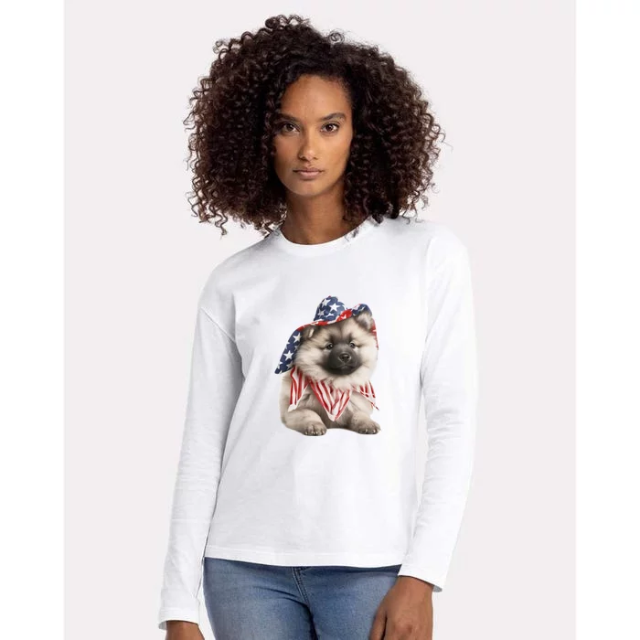 Keeshond USA Flag American Dogs Patriotic 4th Of July Womens Cotton Relaxed Long Sleeve T-Shirt