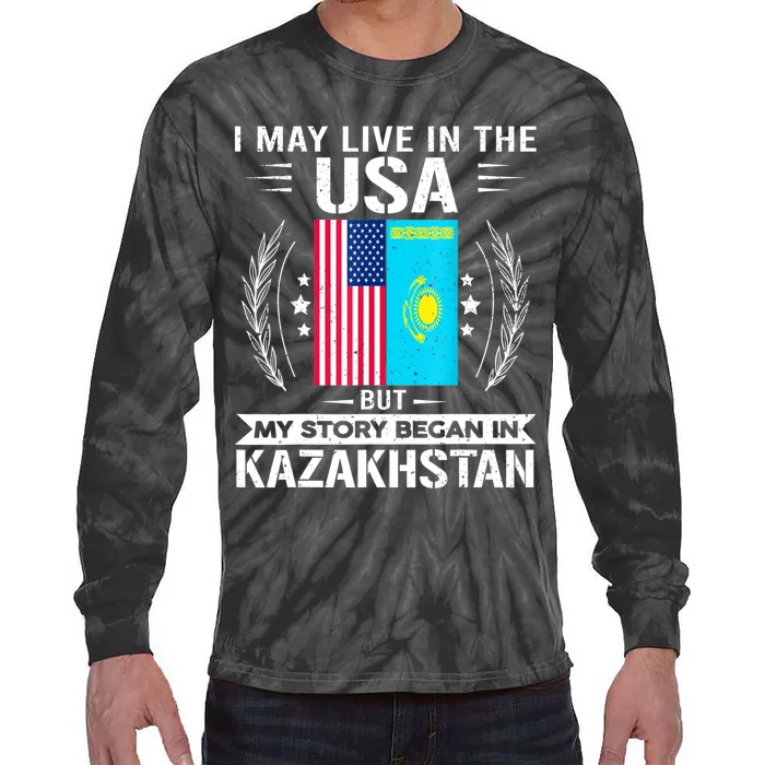 Kazakhstan USA Flags My Story Began In Kazakhstan Tie-Dye Long Sleeve Shirt