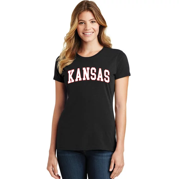 Kansas United States Varsity Style White Red Font Women's T-Shirt