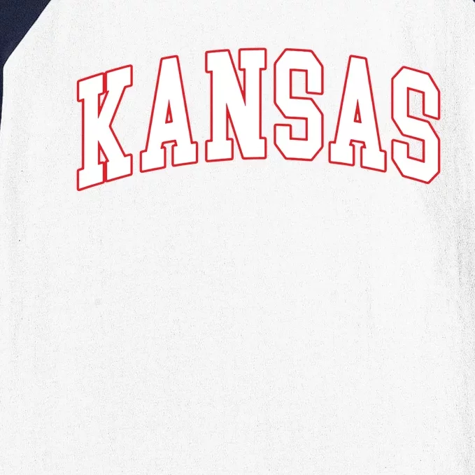 Kansas United States Varsity Style White Red Font Baseball Sleeve Shirt