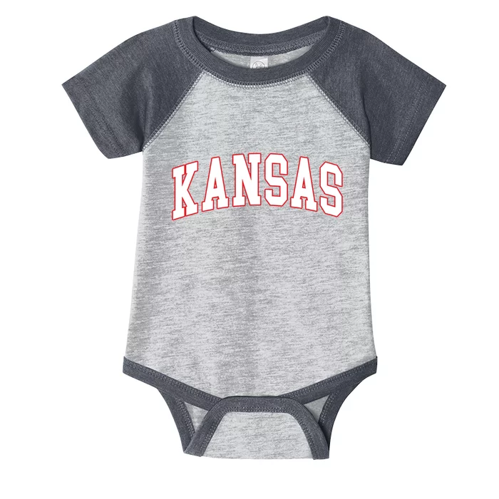 Kansas United States Varsity Style White Red Font Infant Baby Jersey Bodysuit