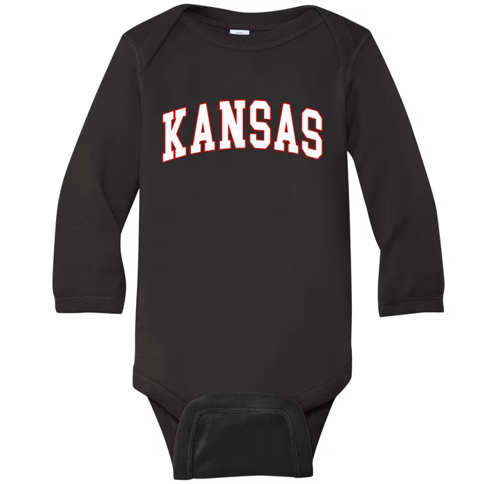 Kansas United States Varsity Style White Red Baby Long Sleeve Bodysuit