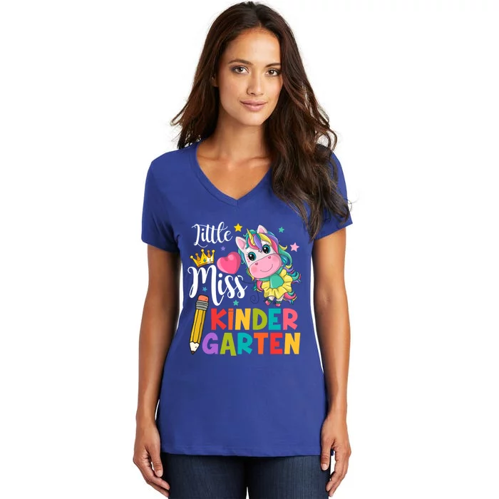 Kinder Unicorn Student Teacher Little Miss Kindergarten Gift Women's V-Neck T-Shirt