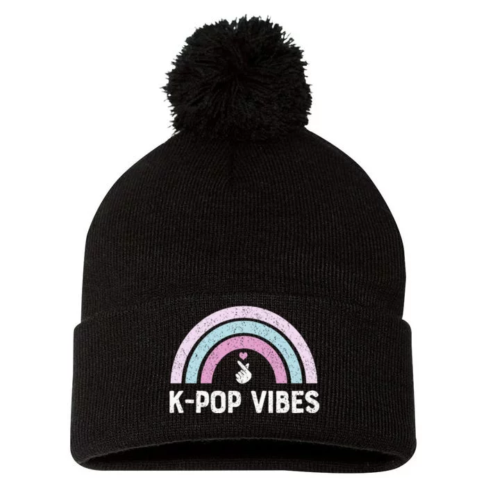 KPop Vibes Vintage Rainbow Finger Heart Pom Pom 12in Knit Beanie