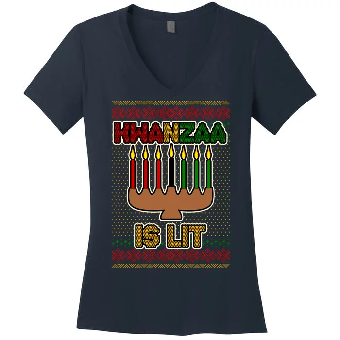 Kwanzaa is Lit Kinara Candles Ugly Kwanzaa Sweater Women's V-Neck T-Shirt