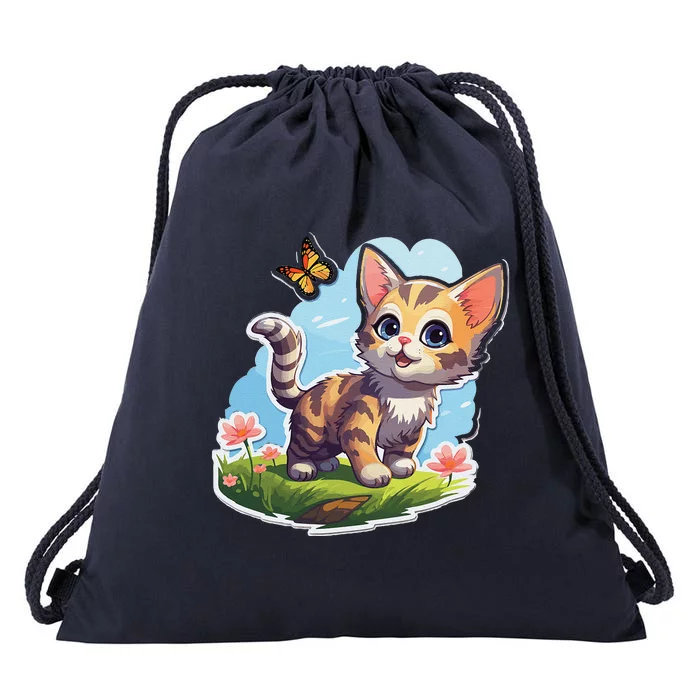 Kitten With Blue Eyes And Butterfly Perfect Summer Gift Drawstring Bag