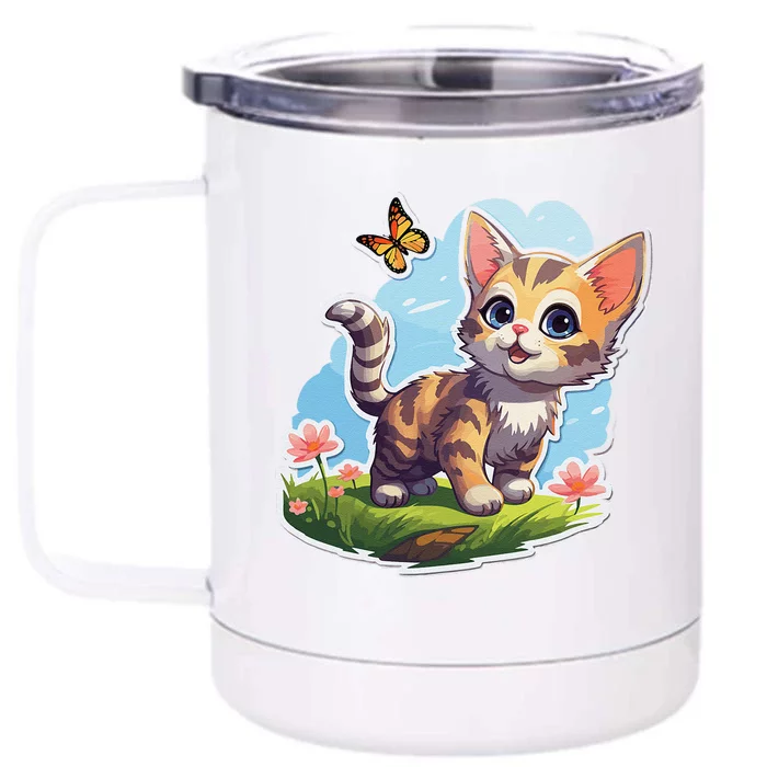 Kitten With Blue Eyes And Butterfly Perfect Summer Gift Front & Back 12oz Stainless Steel Tumbler Cup