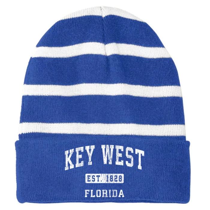 Key West Florida Fl Vintage Athletic Sports Striped Beanie with Solid Band