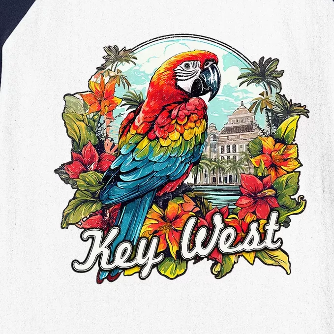 Key West Fl Parrot And Flowers Baseball Sleeve Shirt