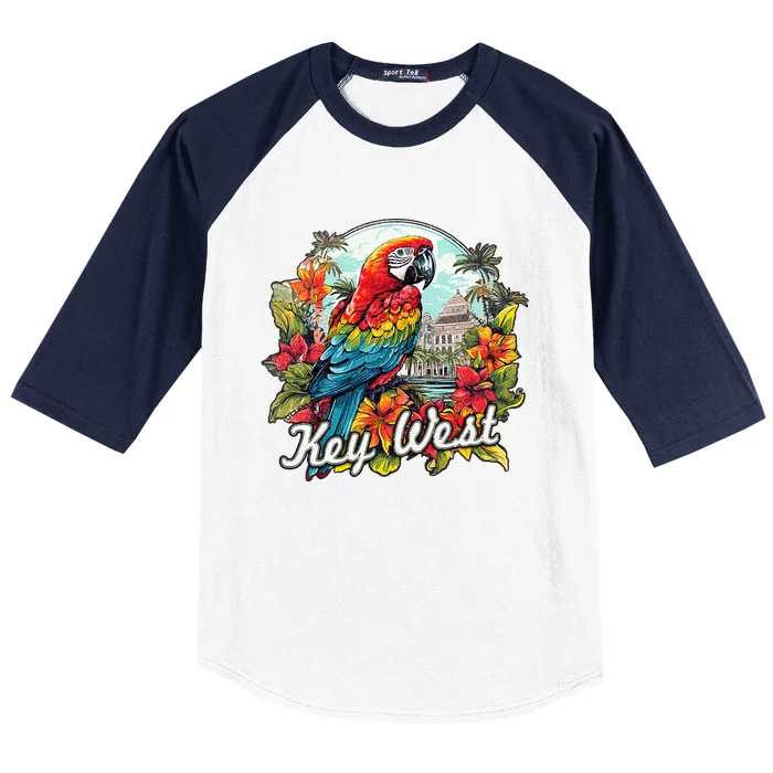 Key West Fl Parrot And Flowers Baseball Sleeve Shirt