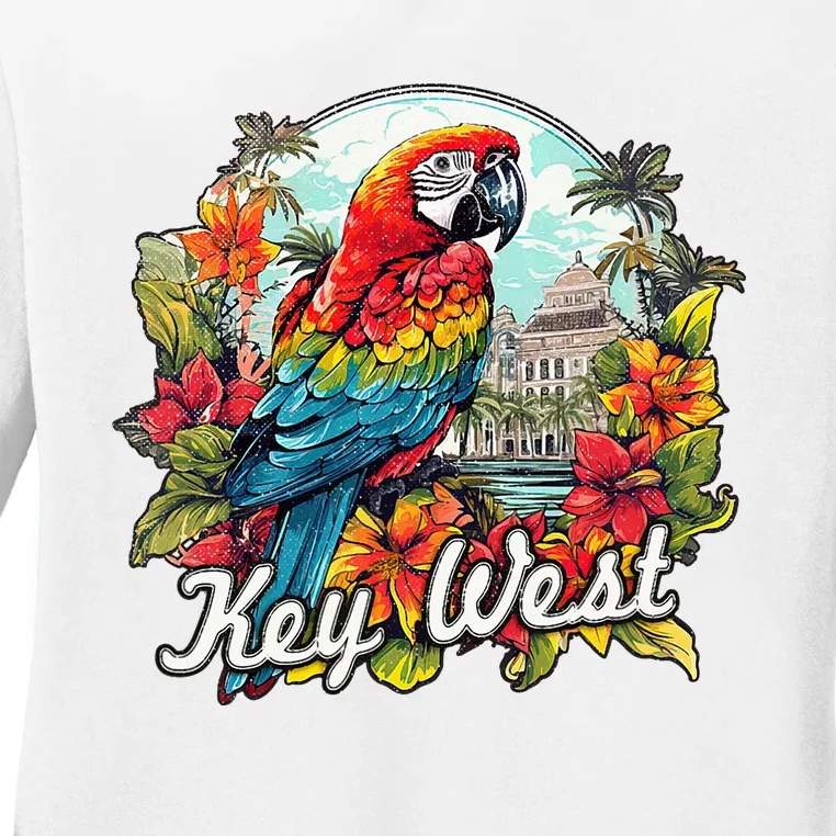 Key West Fl Parrot And Flowers Ladies Long Sleeve Shirt