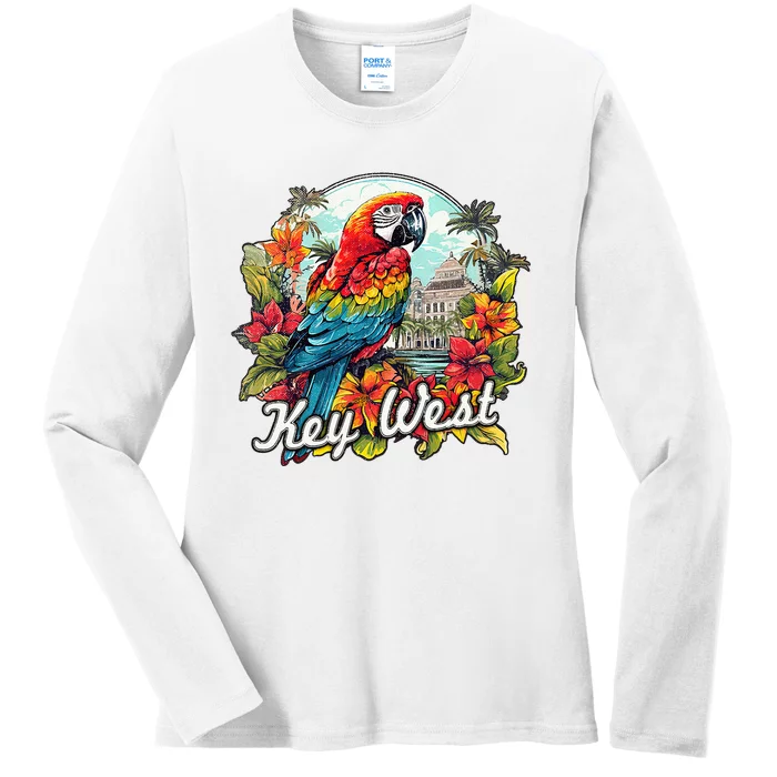 Key West Fl Parrot And Flowers Ladies Long Sleeve Shirt