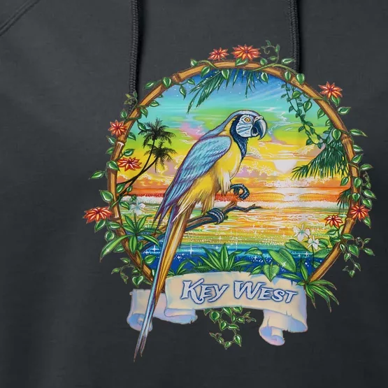 Key West, Florida Vintage Tropical Sunset Beach Parrot Performance Fleece Hoodie