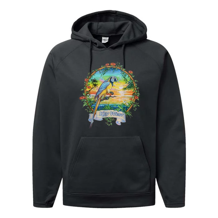 Key West, Florida Vintage Tropical Sunset Beach Parrot Performance Fleece Hoodie