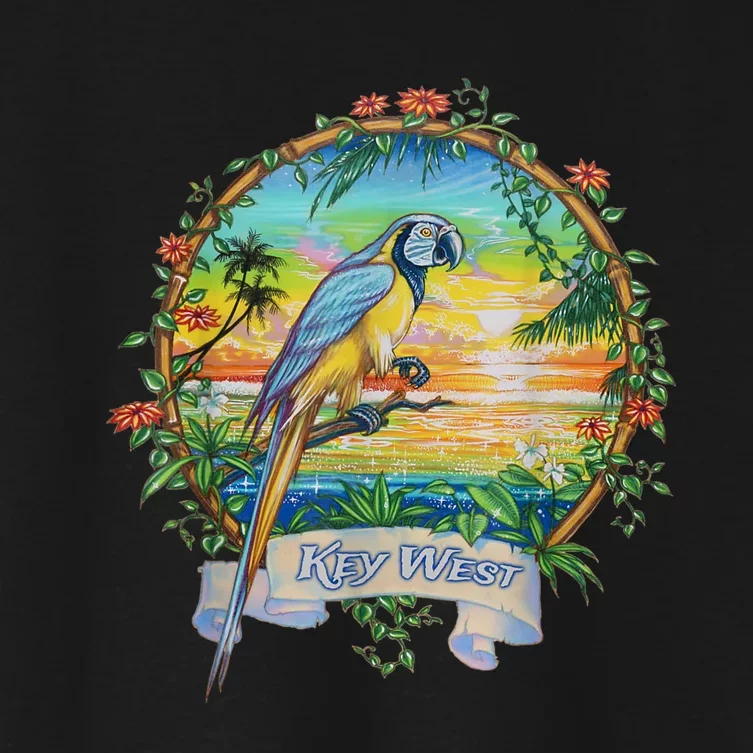 Key West, Florida Vintage Tropical Sunset Beach Parrot Women's Crop Top Tee