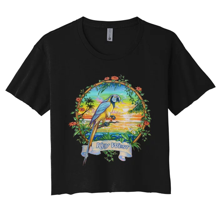 Key West, Florida Vintage Tropical Sunset Beach Parrot Women's Crop Top Tee