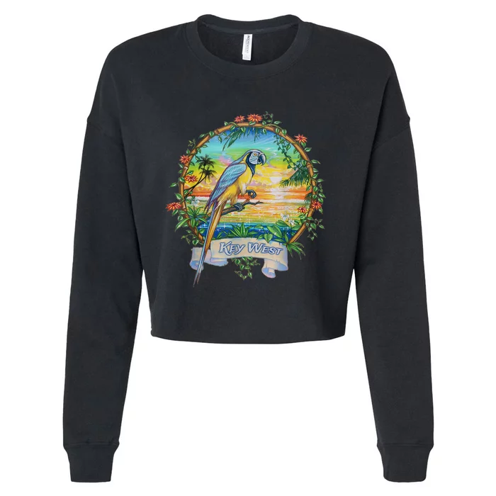 Key West, Florida Vintage Tropical Sunset Beach Parrot Cropped Pullover Crew