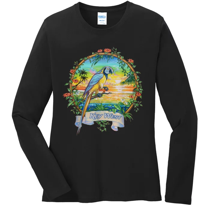 Key West, Florida Vintage Tropical Sunset Beach Parrot Ladies Long Sleeve Shirt