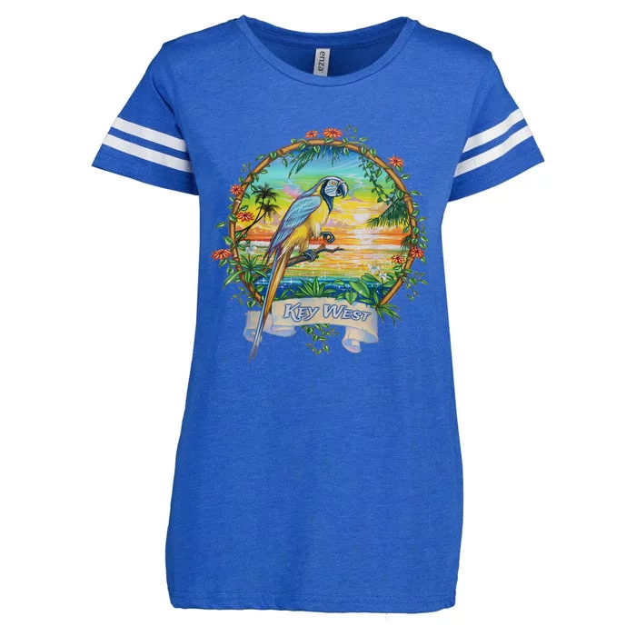 Key West, Florida Vintage Tropical Sunset Beach Parrot Enza Ladies Jersey Football T-Shirt