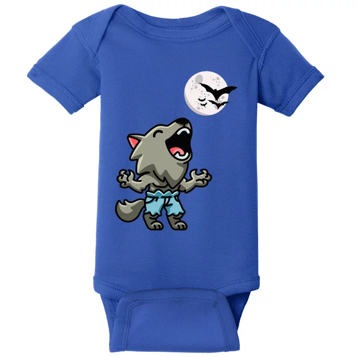 Kawaii Werewolf Howling At The Night Sky Full Moon Monster Baby Bodysuit