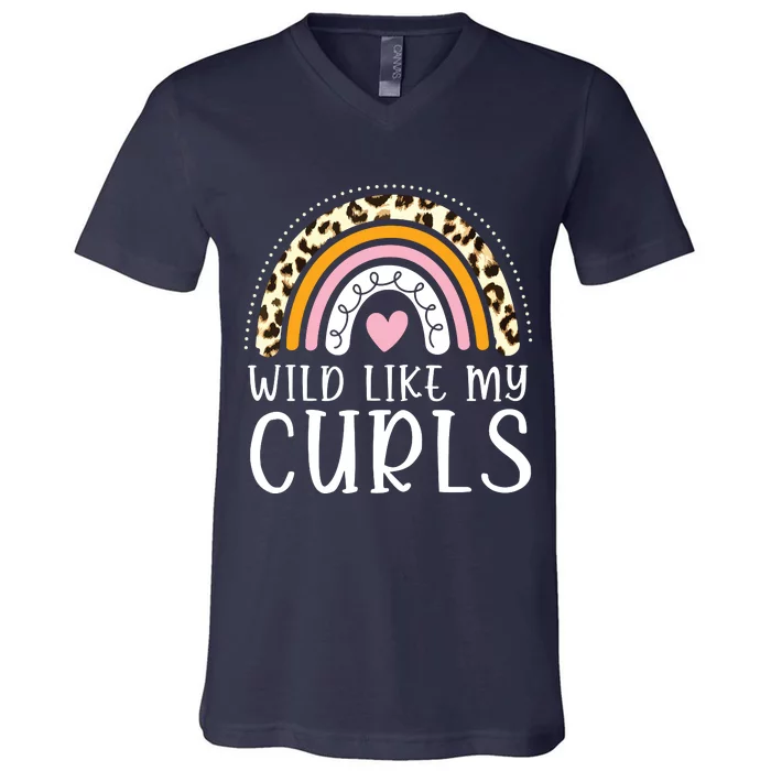 Kids Wild Like My Curls Girl Leopard Boho Rainbow V-Neck T-Shirt