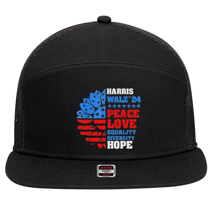 Kamala Walz Peace Love Equality Hope Diversity 7 Panel Mesh Trucker Snapback Hat