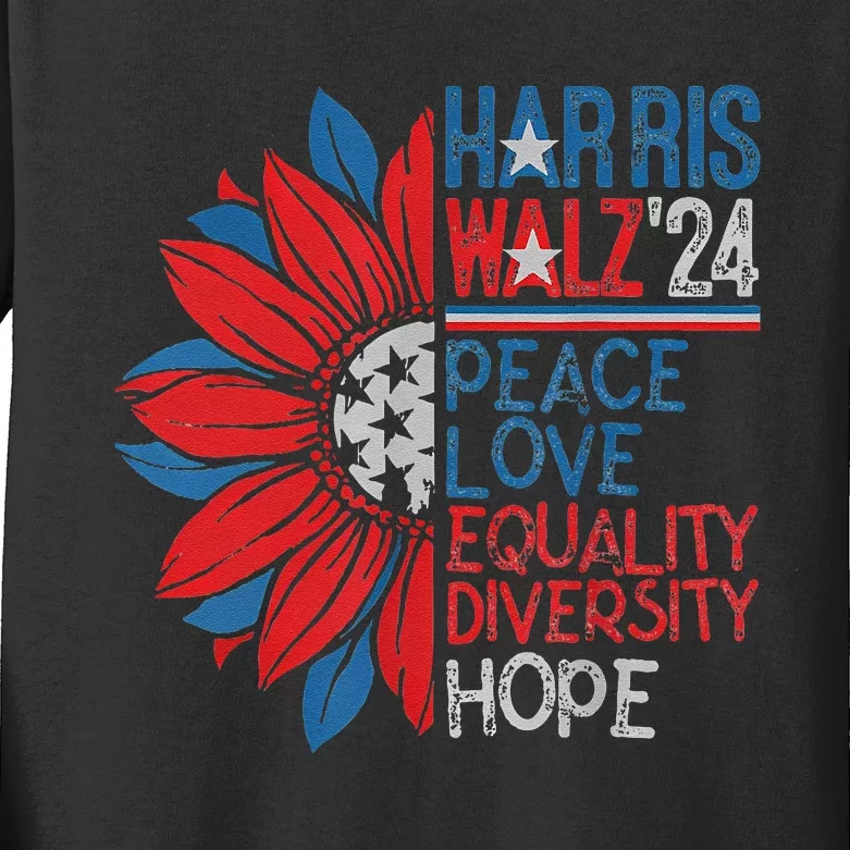 Kamala Walz Peace Love Equality Hope Diversity Gift Kids Long Sleeve Shirt