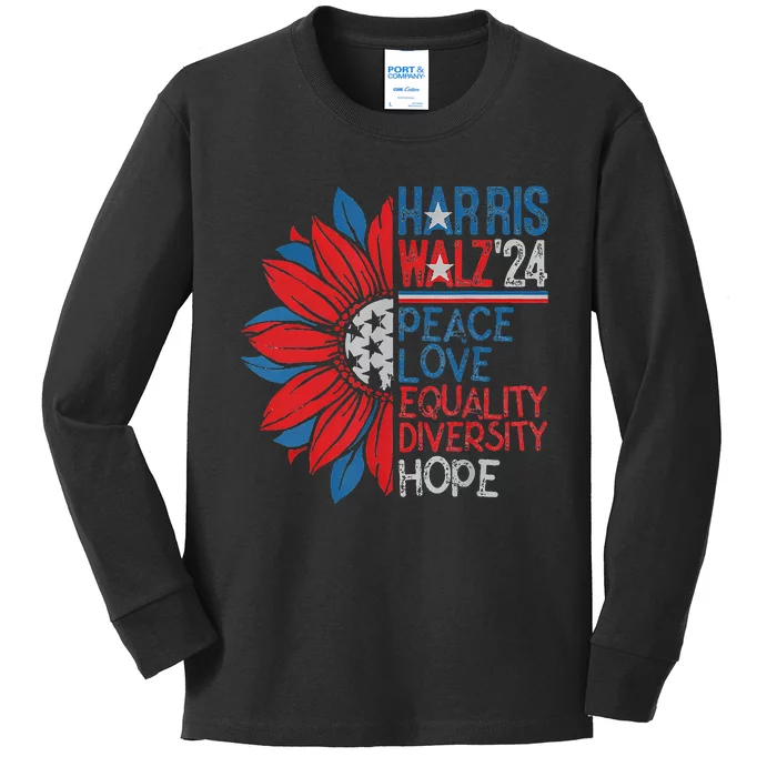 Kamala Walz Peace Love Equality Hope Diversity Gift Kids Long Sleeve Shirt