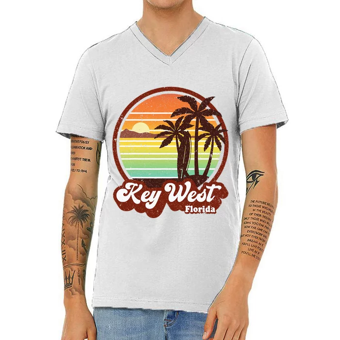 Key West Souvenirs Florida Vintage Surf Surfing Retro 70s V-Neck T-Shirt