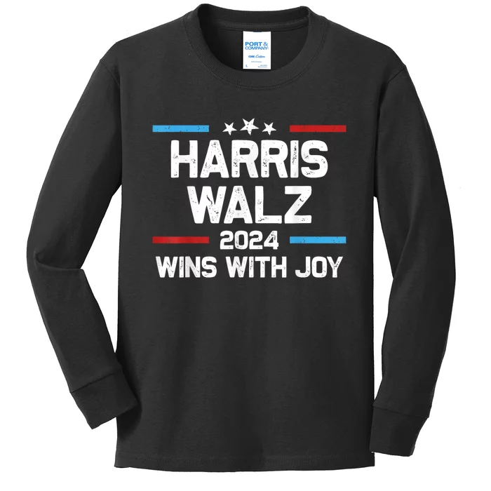 Kamala Wins With Joy Harris Waltz 2024 President Election Kids Long Sleeve Shirt