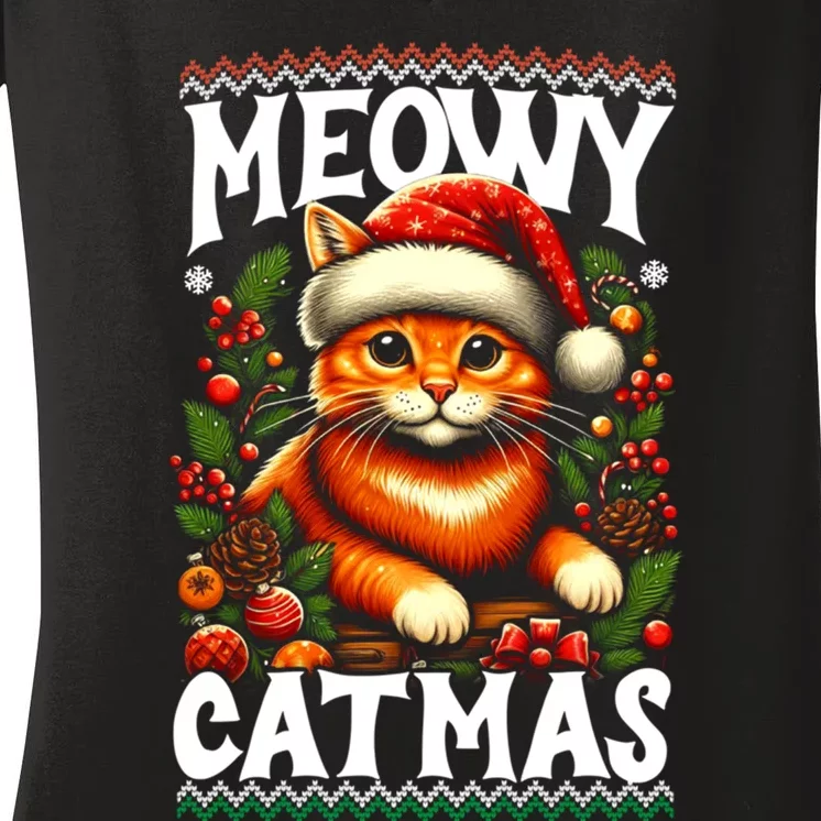 Kitten Xmas Ugly Meowy Catmas Cat Santa Christmas Women's V-Neck T-Shirt