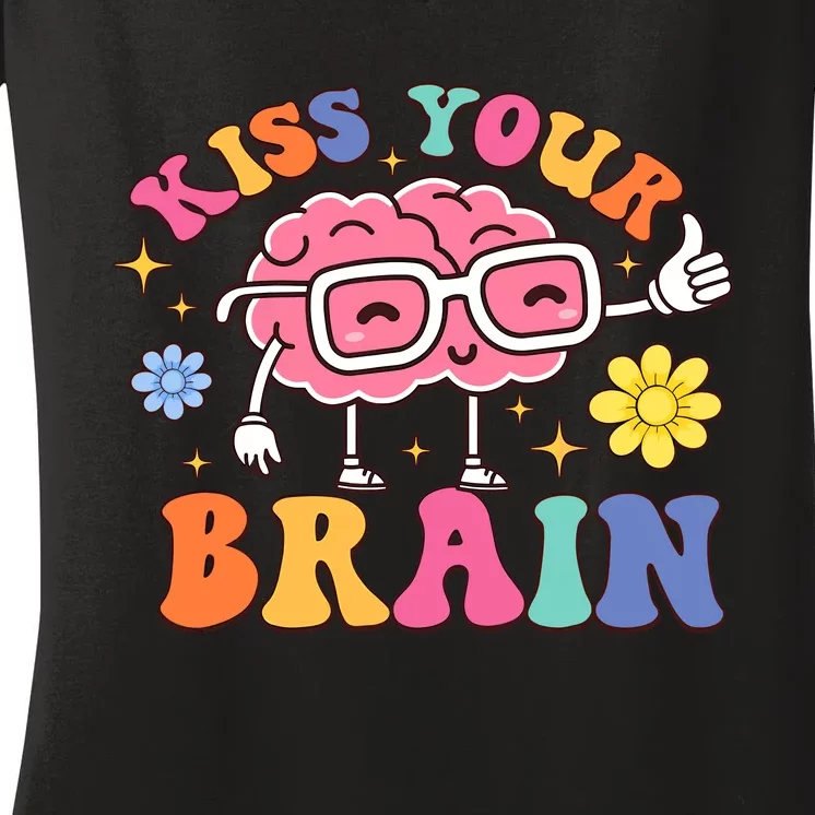 Kiss Your Brain Cute Teacher Appreciation Back To School Women's V-Neck T-Shirt