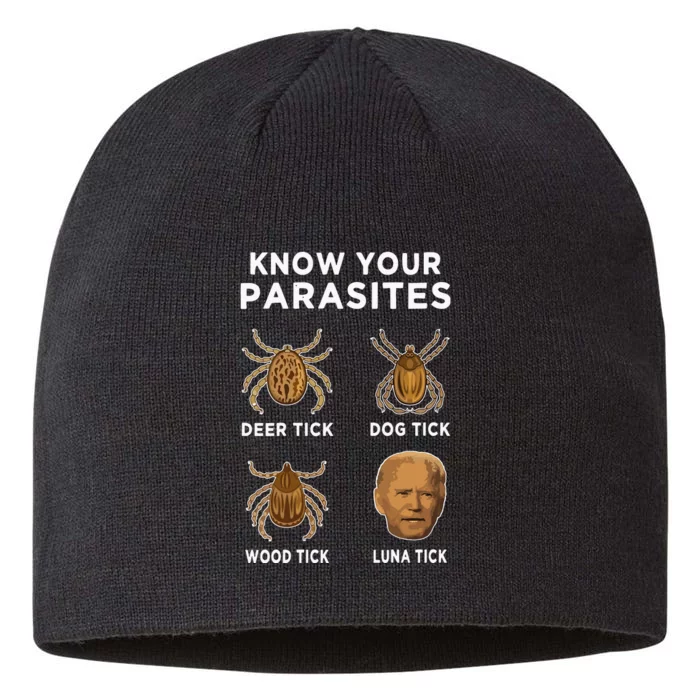 Know Your Parasites Funny Anti Joe Biden On Back 8 1/2in Sustainable Knit Beanie