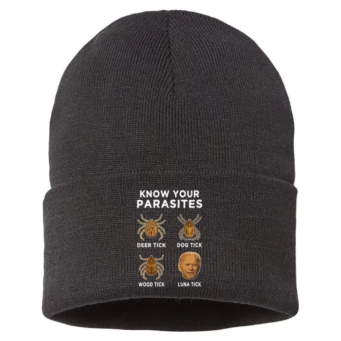 Know Your Parasites Funny Anti Joe Biden On Back Sustainable Knit Beanie