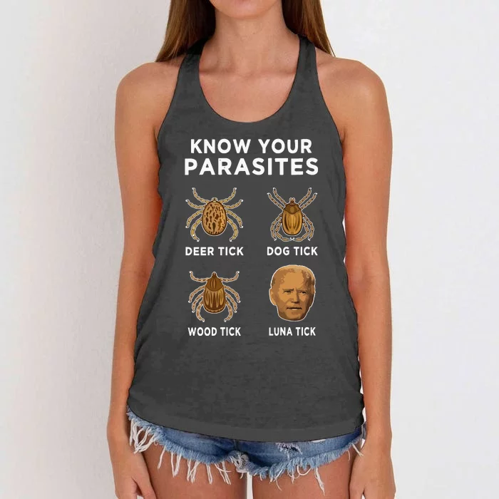 Know Your Parasites Funny Anti Joe Biden On Back Women's Knotted Racerback Tank