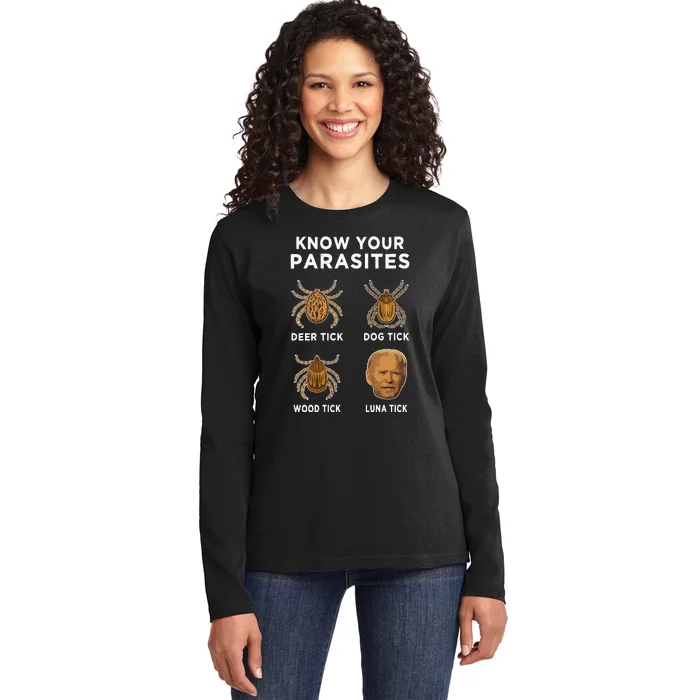 Know Your Parasites Funny Anti Joe Biden On Back Ladies Long Sleeve Shirt