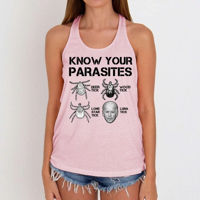 Know Your Parasites Anti Joe Biden Funny Women's Knotted Racerback Tank