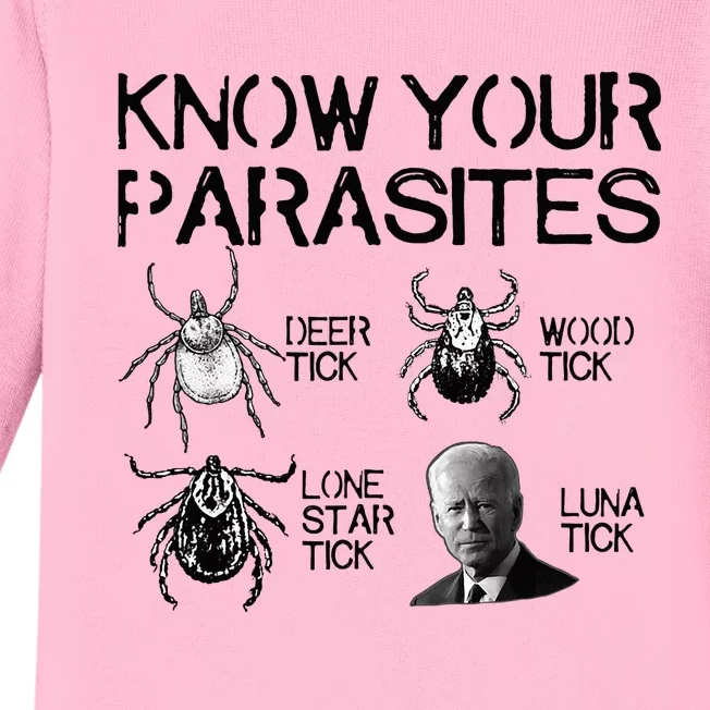 Know Your Parasites Anti Biden Funny Joe Biden Parody Baby Long Sleeve Bodysuit