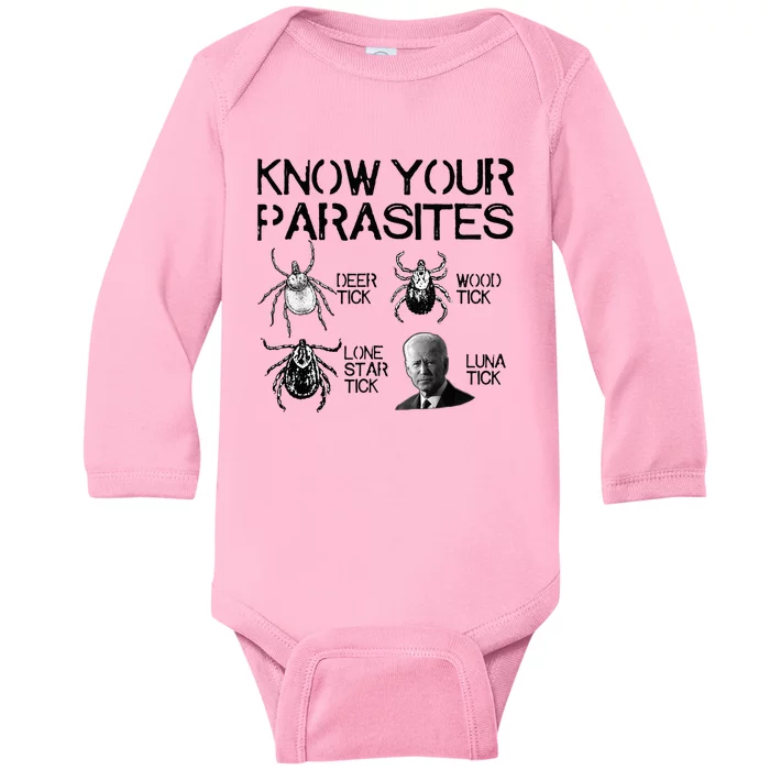 Know Your Parasites Anti Biden Funny Joe Biden Parody Baby Long Sleeve Bodysuit