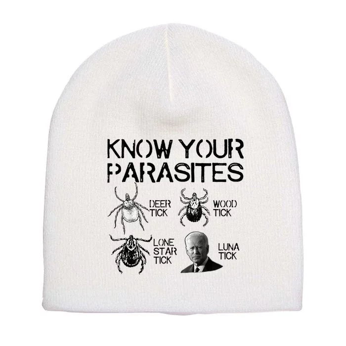 Know Your Parasites Anti Biden Funny Joe Biden Parody Short Acrylic Beanie