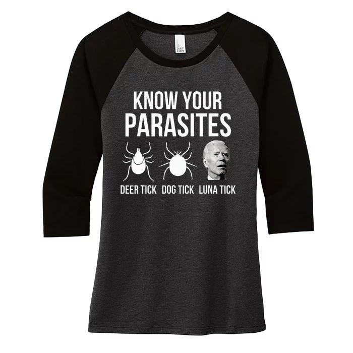 Know Your Parasites Anti Joe Biden Sucks Funny Political Women's Tri-Blend 3/4-Sleeve Raglan Shirt