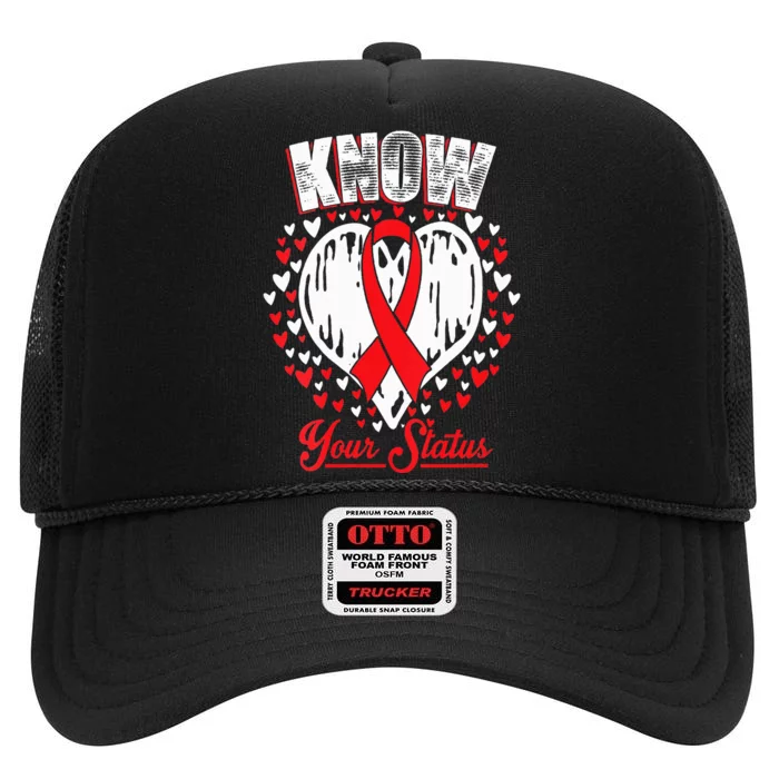 Know Your Status Aids Awareness HIV Awareness Red Ribbon High Crown Mesh Trucker Hat