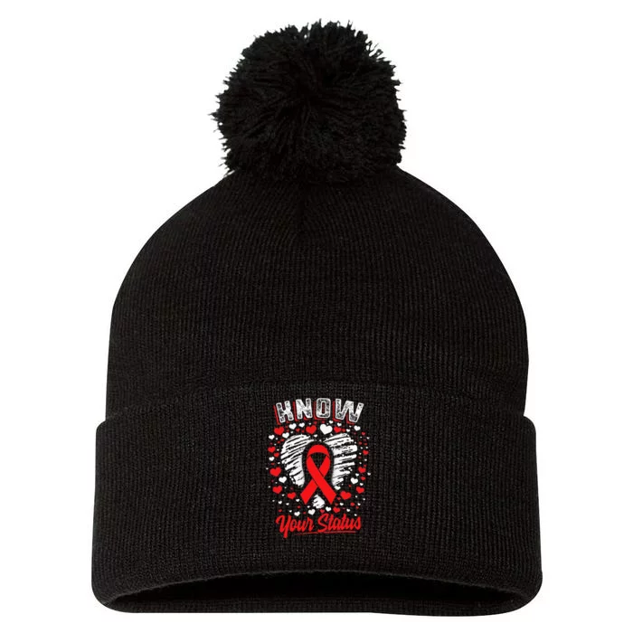 Know Your Status Red Ribbon Hiv & Aids Awareness Virus Pom Pom 12in Knit Beanie