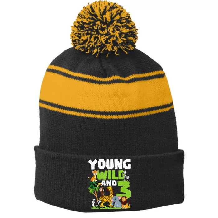 Kids Young Wild And 3 Safari Animal Themed 3rd Birthday Party Stripe Pom Pom Beanie